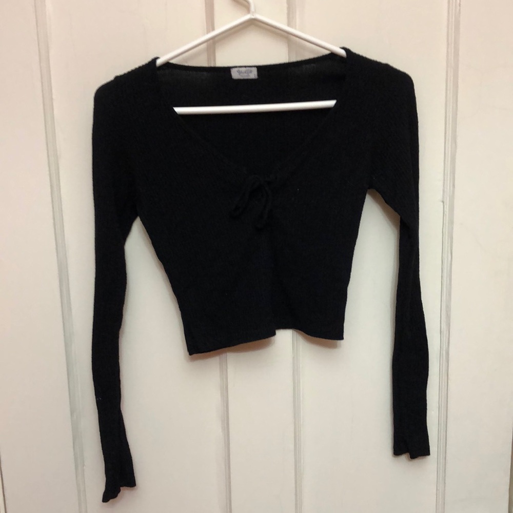 Brandi Melville cropped black long sleeve ribbed top with tie front detail